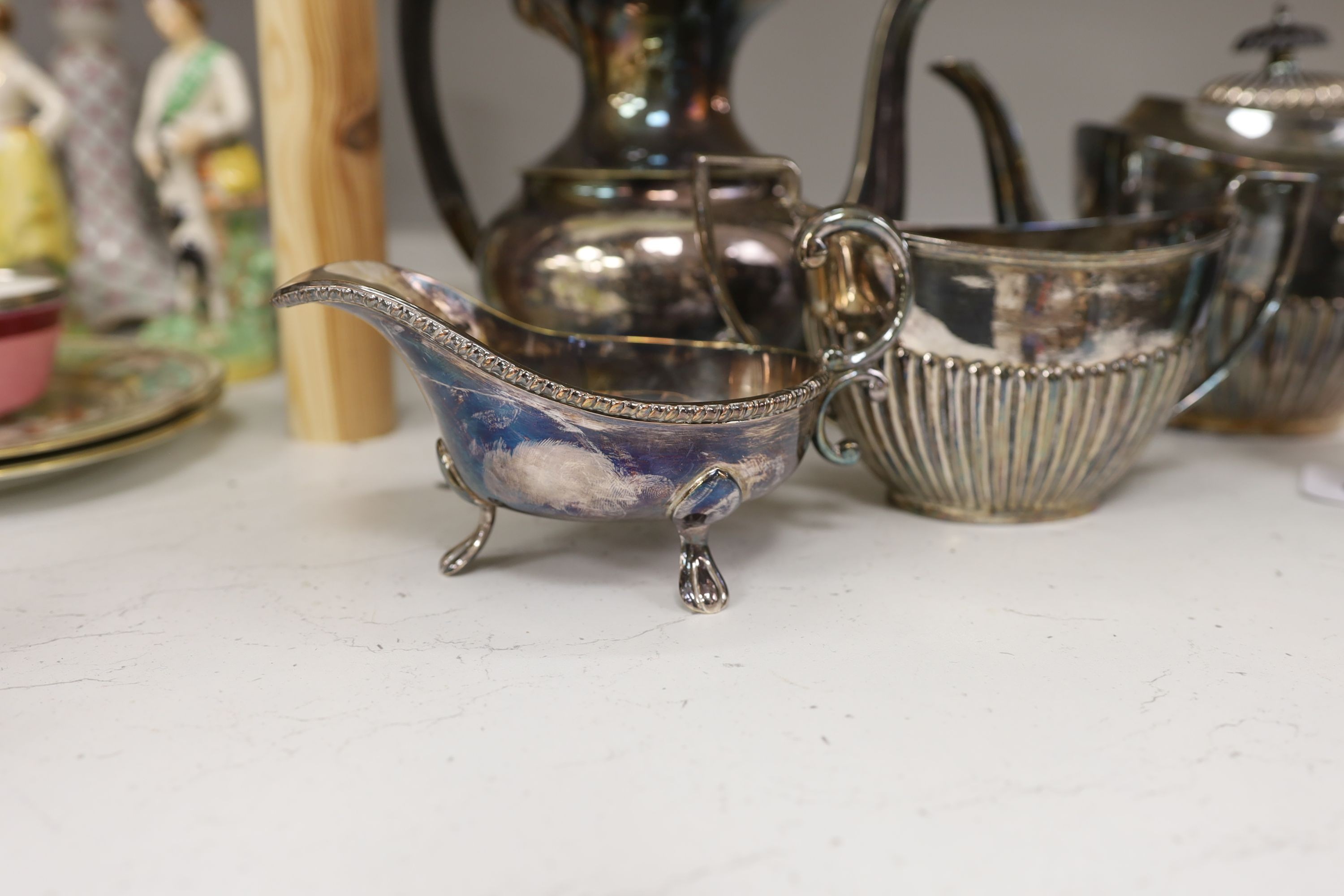 A silver plated 3 piece tea set and other plated wares